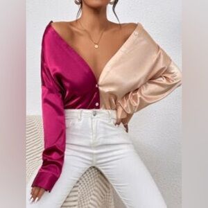 SHEIN Satin Button Down Shirt in Pink and Cream